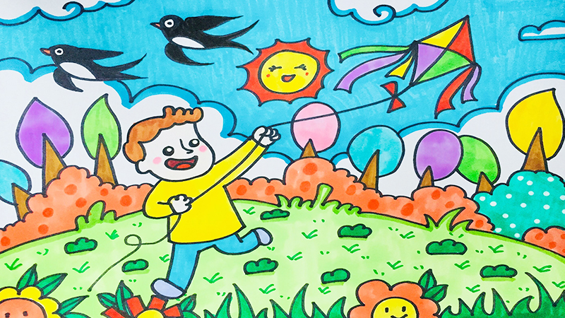 丹尼索儿童画放风筝图片
