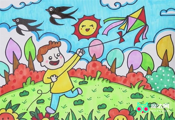 春天小孩放风筝的图画图片
