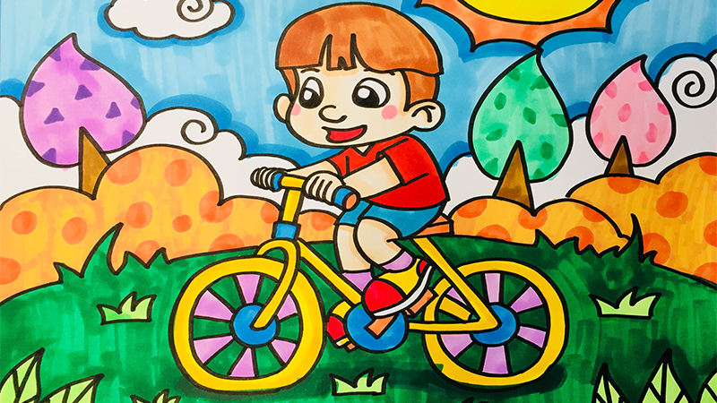 骑自行车儿童画